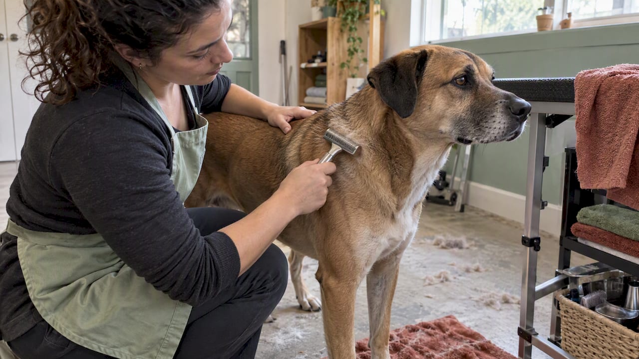 Testing a deshedding tool on a dog