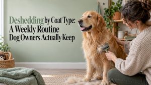 Owner brushing a calm golden retriever