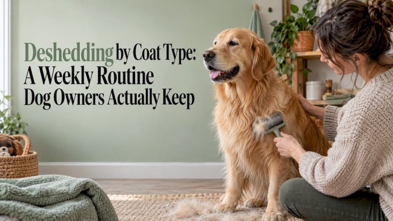Owner brushing a calm golden retriever