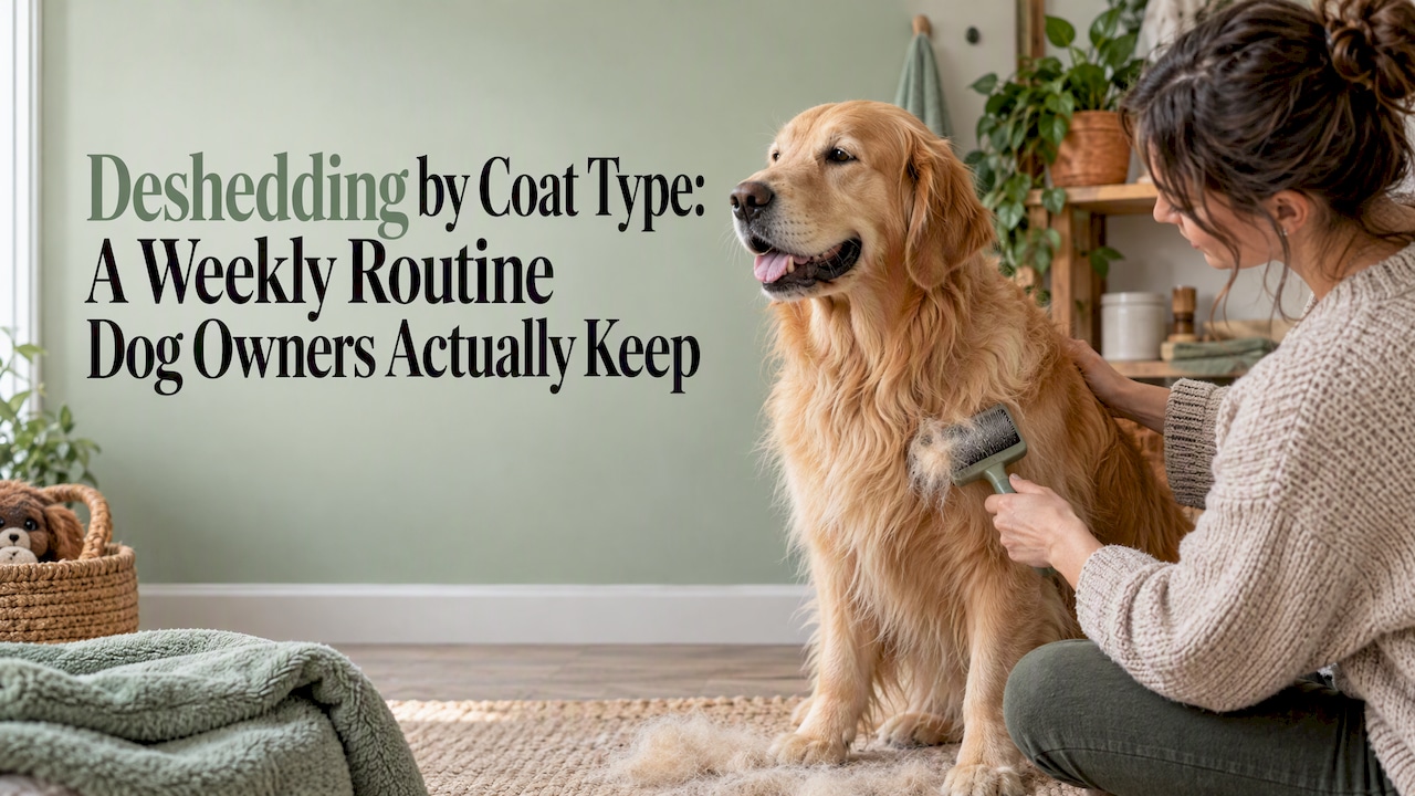 Owner brushing a calm golden retriever