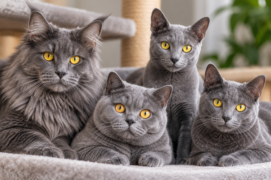 Popular grey cat breeds with yellow eyes